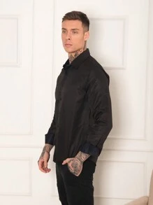 Men's Long Sleeve Slim Two-Color Dress Shirt - 黑色 - 查看 2