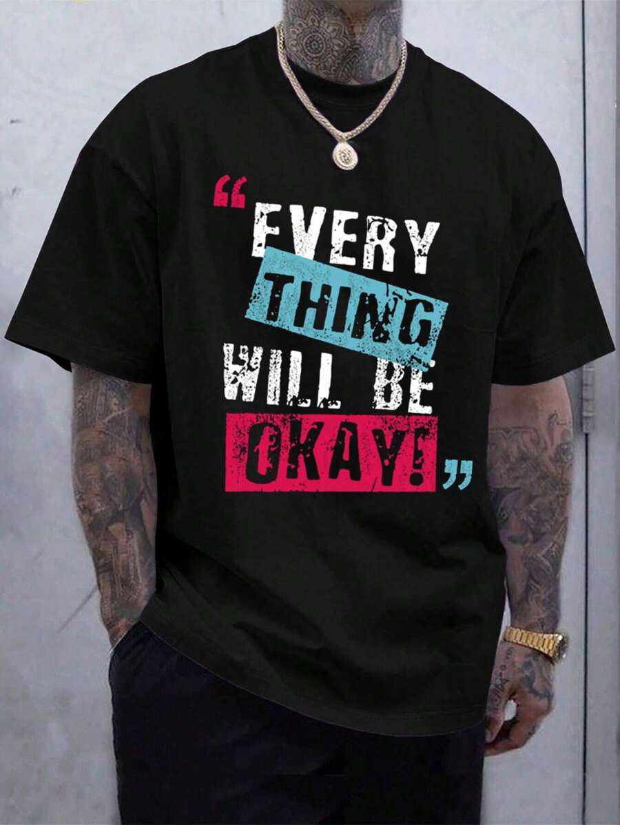 Camiseta de manga corta de cuello redondo con estampado de slogan para hombre