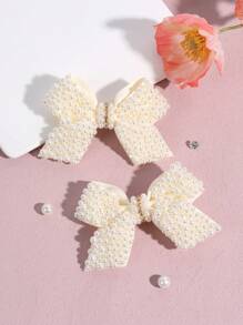2个珍珠蝴蝶结发夹，奶油色鳄鱼夹，适合女孩和青少年，可作为派对礼物和日常佩戴。 - 米色 - 查看 5