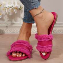 Straw Flat Bottomed Tassel Woven Non Slip Comfortable Summer Beach Slippers - Màu Hồng Tươi - Xem 5