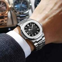 30m Waterproof Wristwatch, Stainless Steel Men's Watch, High-End Luminous Pointer, Calendar Function, Square Dial, Quartz Watches, Men's Birthday Gift, Father's Day Gift - 黑色 - 查看 2