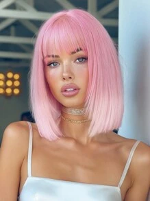 14 Inch Pink Ombre White Bob Wig With Bangs Synthetic Heat Resistant Wigs Natural Looking For Women Daily Party And Cosplay Use