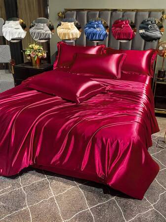 2/3pcs Luxury Solid Satin Duvet Cover Set, Bedding Set, Lightweight, Silky Soft, Breathable, Perfectly Fits Twin/Full/Queen Size Bed - Ideal For Bedroom, Guest Room, Dorm, Machine Washable, All Season, 1 Duvet Cover + 1/2 Pillow Shams, Home Textile, Room Decor