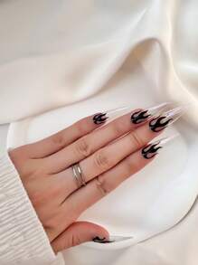 10 piezas/caja Uñas puntiagudas largas hechas a mano, utilizables, puntas de uñas transparentes holográficas con diseño de llamas pintadas a mano, uñas postizas de brillo DIY para mujeres - Multicolor - Ver 3