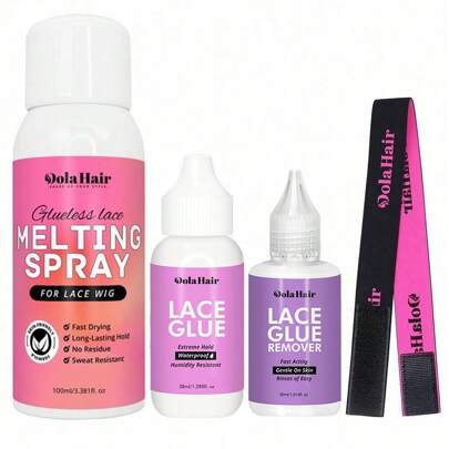 Conjunto de 4 piezas que incluye: 2fl.Oz/100ml Spray adhesivo líquido para derretir y mantener encaje sin pegamento, adecuado para extensiones de cabello y cierre, con una fijación extra que forma un aspecto natural y protege el borde. Pegamento para encaje y removedor para pelucas frontales de encaje, pegamento para pelucas, pegamento para encaje para pelucas, adhesivo impermeable para pelucas de encaje, banda elástica para derretir encaje y juego de herramientas de peinado para peluca natural