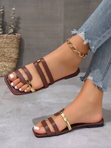 Giày sandal hở ngón màu nâu mới dành cho nữ Dây đeo vàng mũi vuông rỗng hở mũi thông thường cho kỳ nghỉ hè, đi biển, mặc hàng ngày - màu nâu - Xem 6