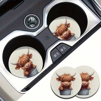 2pcs Cow Water Absorbable Car Cup Holder Coaster Mats - Car Interior Accessories For Women, Cup Coasters For Car Vehicles & Home Desk