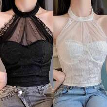 Encaje sexy colgando cuello belleza espalda con sujetador almohadilla camisola chaleco femenino - Negro - Ver 1