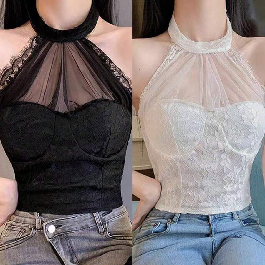 Encaje sexy colgando cuello belleza espalda con sujetador almohadilla camisola chaleco femenino - Negro - Ver 1