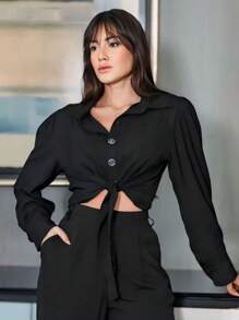 CONJUTO CAMISA AMARRAR E CALÇA BOHO FEMININO ELEGANTE SOCIAL