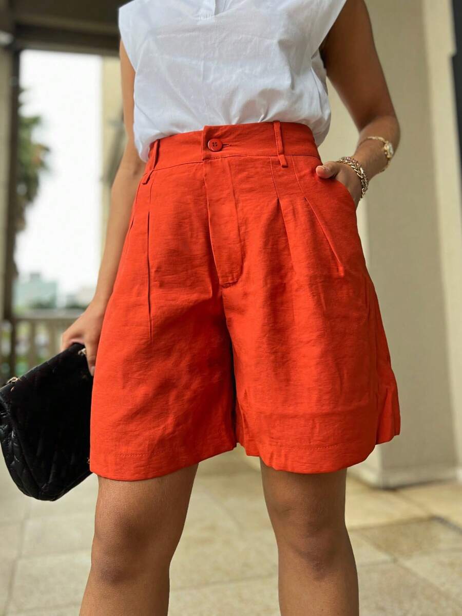 Plain Marrant Fabric Shorts - Orange - View 1