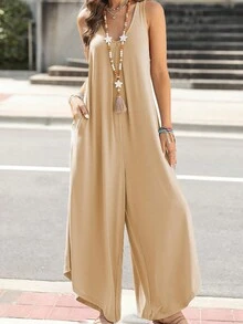 Bộ jumpsuit nữ không tay cổ chữ V xếp ly ống rộng có túi - Màu be - Xem 2