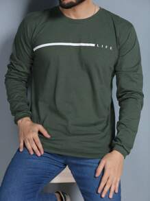 Men's Long Sleeve T-Shirt Basic Blouse Without Hood LIFE Print - Hijau - View 1