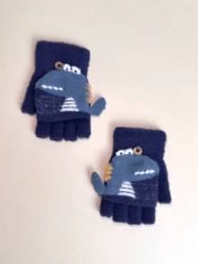 1 Pair Toddler Unisex 3D Dinosaur Knit Convertible Mittens, Warm Fingerless Gloves For Outdoor Autumn Winter - Navy Blue - View 4