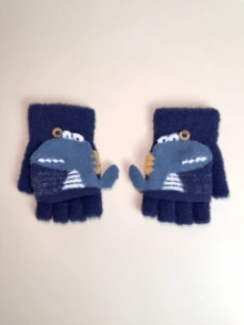 1 Pair Toddler Unisex 3D Dinosaur Knit Convertible Mittens, Warm Fingerless Gloves For Outdoor Autumn Winter - Navy Blue - View 3