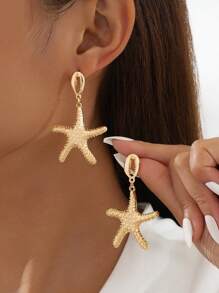 1 对优雅海洋主题海星吊坠女士耳环，适合海滩度假 - 金黃色 - 查看 1