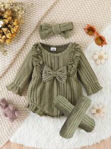 Baby Girl's Green Ribbed Frill Edged Long Sleeve Bodysuit With Socks, Fall/Winter - Army Green - View 1