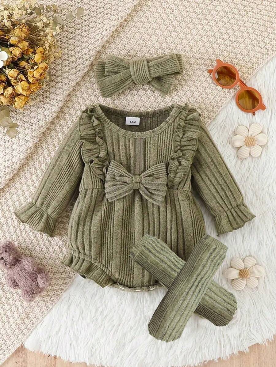 Baby Girl's Green Ribbed Frill Edged Long Sleeve Bodysuit With Socks, Fall/Winter - Army Green - View 1
