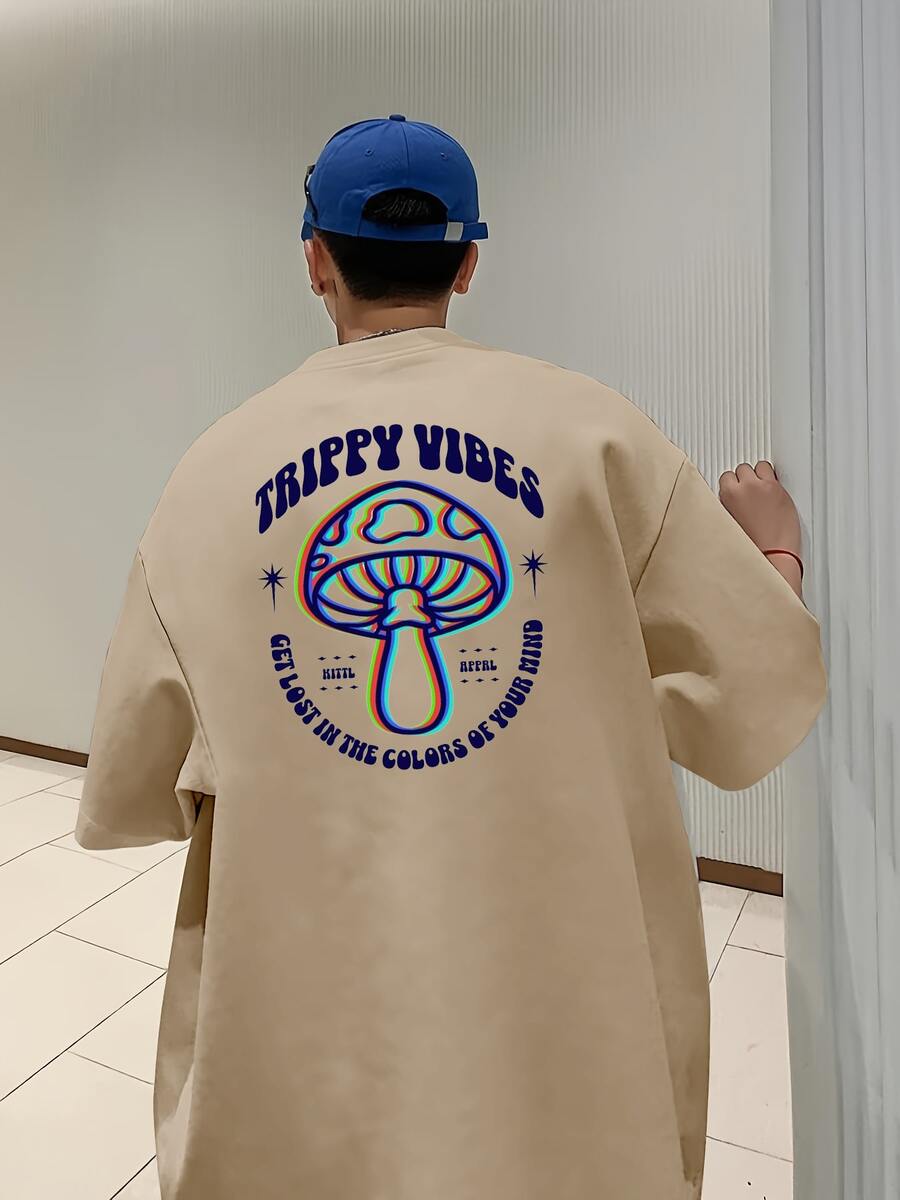 Men's Oversize T-Shirt Art Tumblr Mushroom Streetwear T-Shirt Oversized Shirt Premium 100% Cotton - 卡其色 - 查看 1