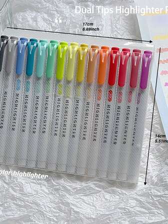 15pcs Double Ended Highlighters, Dual Tip Mild Color Highlighter Fluorescent Marker Pen For Coloring, Underlining, Highlighting,Broad And Fine Tips Back To School