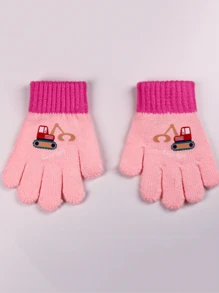 1 双儿童可爱卡车设计保暖内衬针织冬季保暖手套，适合幼儿