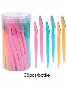 30 piezas/botella Navajas para cejas en estuche, cuchillas de recortadora facial con contenedor, cuchillas de recorte de cejas y maquinilla de afeitar para eliminación de vello facial y corporal, productos y accesorios para el cabello para peluquería, salón de belleza y artículos esenciales de viaje