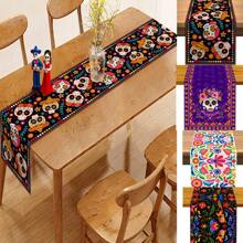 Day Of The Dead Linen Table Runner Sugar Skull Day Of The Dead Mexican Carnival Carnival Festival Decoration Mexico Holiday Party Kitchen Dining Room Home Decor Decor, Home Decor