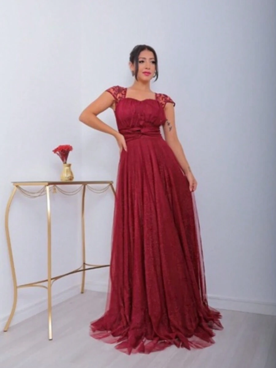 Long Bridesmaid Congress Graduation Party Dress With Embroidered Sleeve - Redwood - View 1