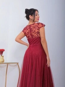 Long Bridesmaid Congress Graduation Party Dress With Embroidered Sleeve - Redwood - View 3