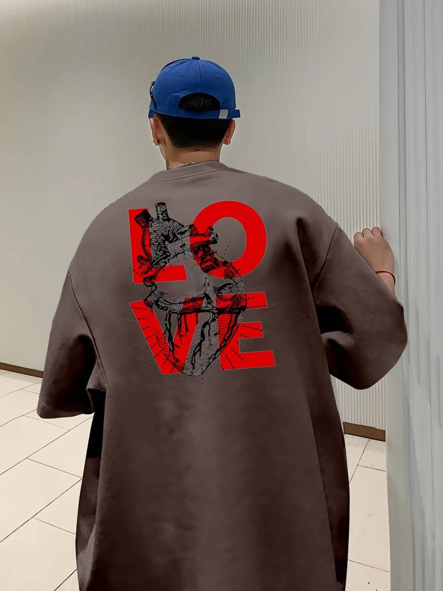 Men's Oversize T-Shirt Love Heart Tumblr Streetwear T-Shirt Oversized Shirt Premium 100% Cotton - 鏽棕色 - 查看 1