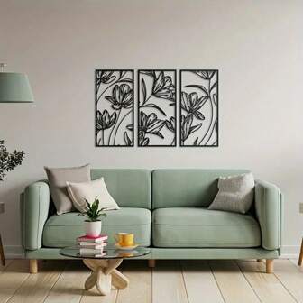 3 Pieces Metal Flower Wall Decor, Modern Abstract Black Metal Line Art Hanging Wall Art, Simple Home Wall Decor,Home Decor ,Room Decor,Wall Decor