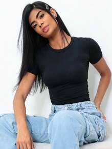 Women's Baby Tee - Slim Fit Short Sleeve Blouse - 黑色 - 查看 3