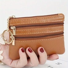 1 件女式简约迷你硬币拉链仿皮手拿包便携式钥匙扣包迷你纯色拉链钱包简约纹理硬币多功能轻便卡包女士钱包钱包小钱包 - 彩色 - 查看 3