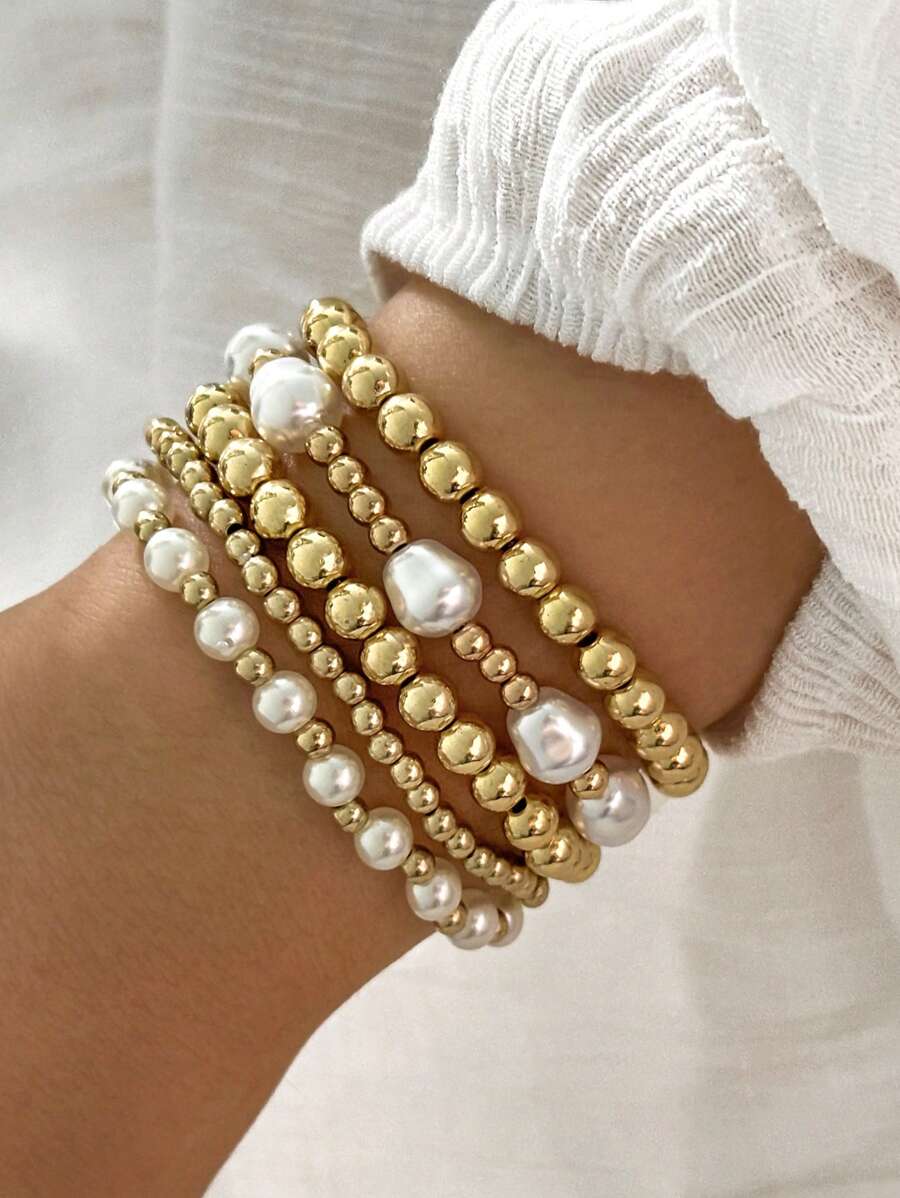 5 piezas/Set de pulseras con cuentas de perla de moda para mujeres - Amarillo Oro - Ver 1
