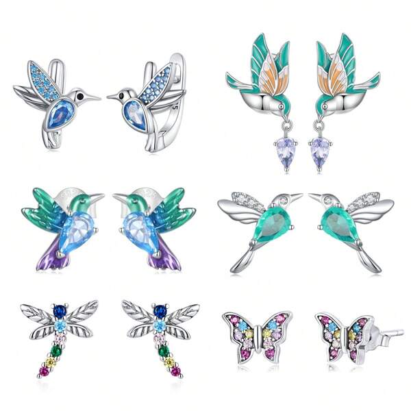 bamoer 1 par de pendientes de botón de plata de ley 925 exquisitos con colibri, pendientes de libélula y mariposa para mujer, clip de oreja para fiesta, regalo para niña