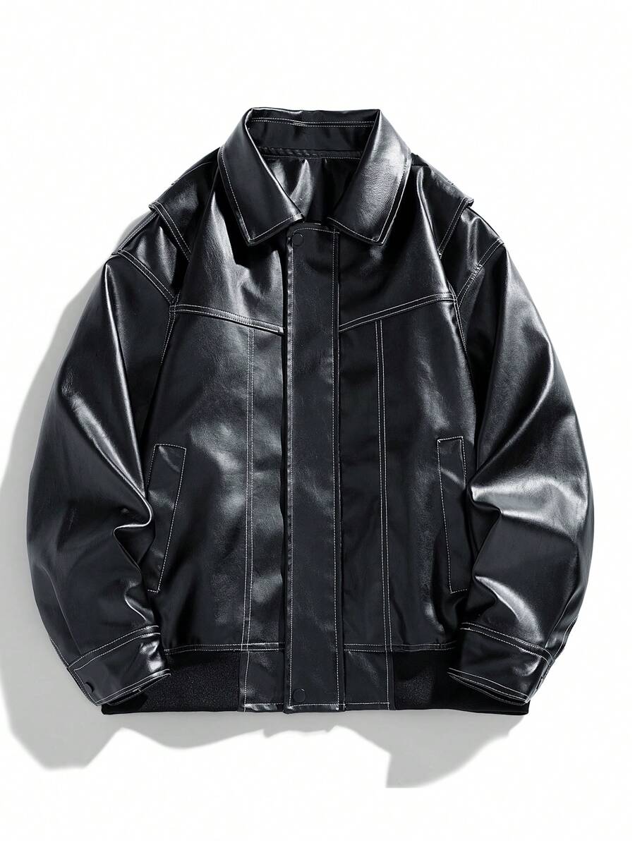 Men's Autumn Turndown Collar Contrast Stitching PU Leather Rave Jacket - Black - View 1