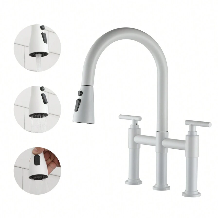 Mondawe 3 Way Spray Function Bridge Kitchen Faucet With Pull Down Sprayer 8" Widespread 360 Swivel Spout - White - View 1