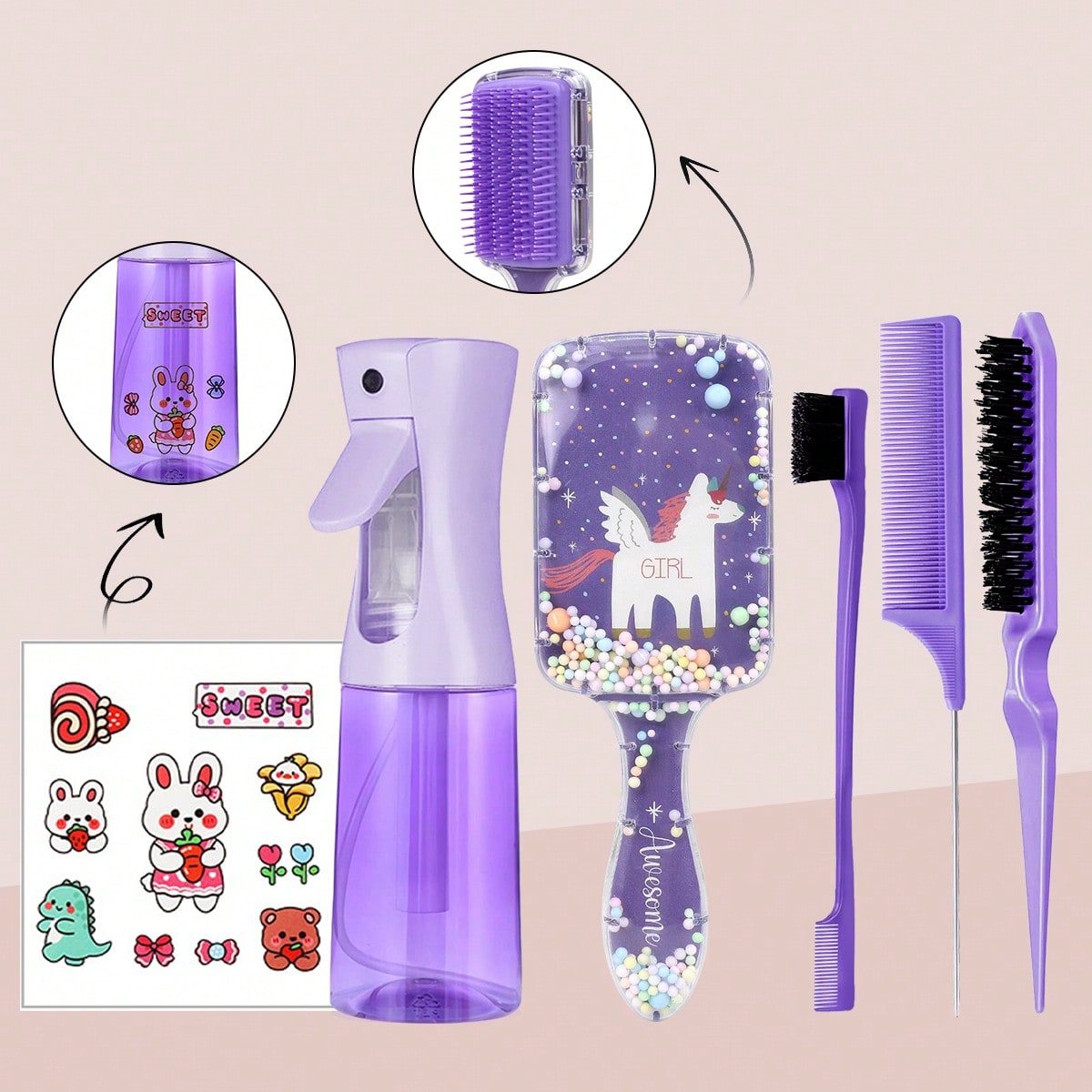4/6/8pcs Hair Styling Kit Set Includes Continuous Spray Bottle (6.8oz/200ml), Cartoon Temporary Tattoo Stickers, Fine Mist Sprayer, Edge Brush, Tail Comb And Volumizing Brush, Suitable For Smooth Hair, Styling, Cleaning, Salon, Back To School, Travel, Ideal Hair Accessory Set For Women