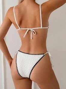 Contrast Color Trim Knitted Fabric Bikini Set For Summer Beach