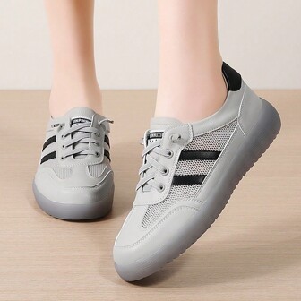 Women's Mesh Slip-On Sneakers, Gray, Lightweight & Breathable, Suitable For Middle-Aged And Elderly