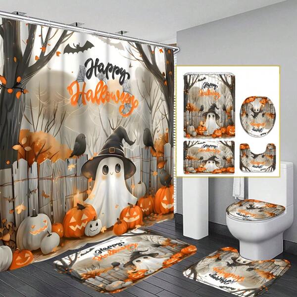 4pcs Halloween Themed Shower Curtain Set - With Ghost, Pumpkin And Crow Patterns, 70.8x70.8 Inch Shower Curtain, Including 12 Hooks, Non-Slip Bath Mat, Toilet Seat Cover And U-Shaped Rug, Complete Modern Bathroom Decoration
