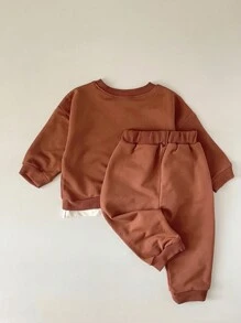 男宝宝 2 件套可爱小熊刺绣纯色长袖上衣和裤子春秋季服装 - 鏽棕色 - 查看 2