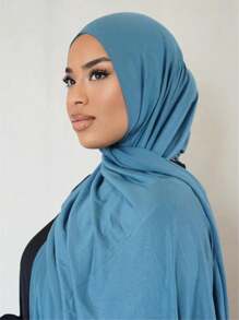 1pc Soft Solid Color Jersey Hijab, Plain Long Scarf For Women,Travel Essential,Beach Towel - Cadet Blue - View 2