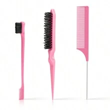 3 pièces Ensemble de brosses à cheveux pour coiffure lissée avec brosse de contour, brosse à poils, peigne queue de rat, ensemble de brosses à effiler pour lisser les petits cheveux et les cheveux rebelles (rose/noir/violet), brosse à cheveux, peigne, outils capillaires, produits et accessoires capillaires pour salon de coiffure, essentiels de voyage, rentrée scolaire, accessoires de voyage, accessoires capillaires pour femmes