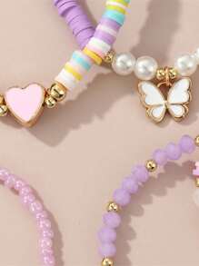 6pcs Purple Tone Seed Bead, Pottery Butterfly & Heart Pendant Children Bracelet Set, Casual Wear - Multicolor - View 3