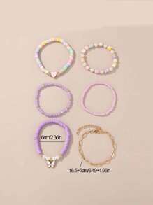 6pcs Purple Tone Seed Bead, Pottery Butterfly & Heart Pendant Children Bracelet Set, Casual Wear - Multicolor - View 5