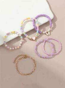 6pcs Purple Tone Seed Bead, Pottery Butterfly & Heart Pendant Children Bracelet Set, Casual Wear - Multicolor - View 2