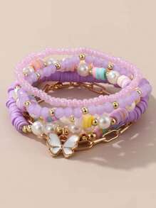 6pcs Purple Tone Seed Bead, Pottery Butterfly & Heart Pendant Children Bracelet Set, Casual Wear - Multicolor - View 4