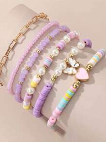 6pcs Purple Tone Seed Bead, Pottery Butterfly & Heart Pendant Children Bracelet Set, Casual Wear - Multicolor - View 1