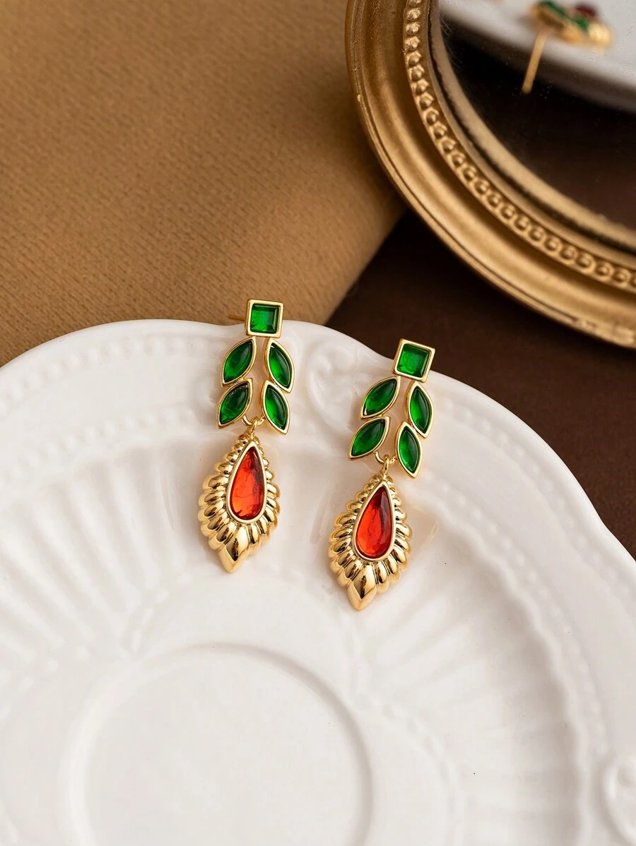 DAISUCAL 1 对复古 18K 镀金叶形吊坠耳环，优雅珠宝，适合女士派对佩戴 - Earrings - 查看 1